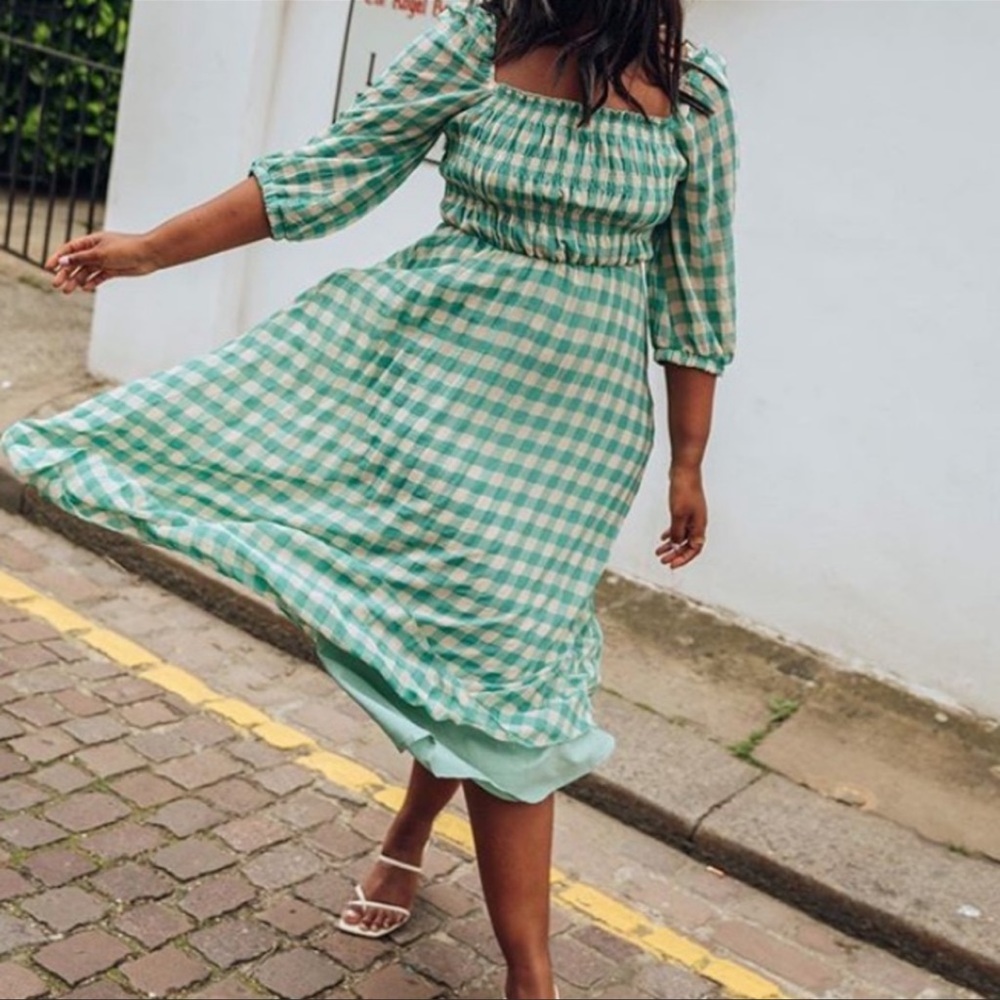 NWT ASOS Green Gingham Shirred Pleated Midi Peasant Dress size 12 14 16
